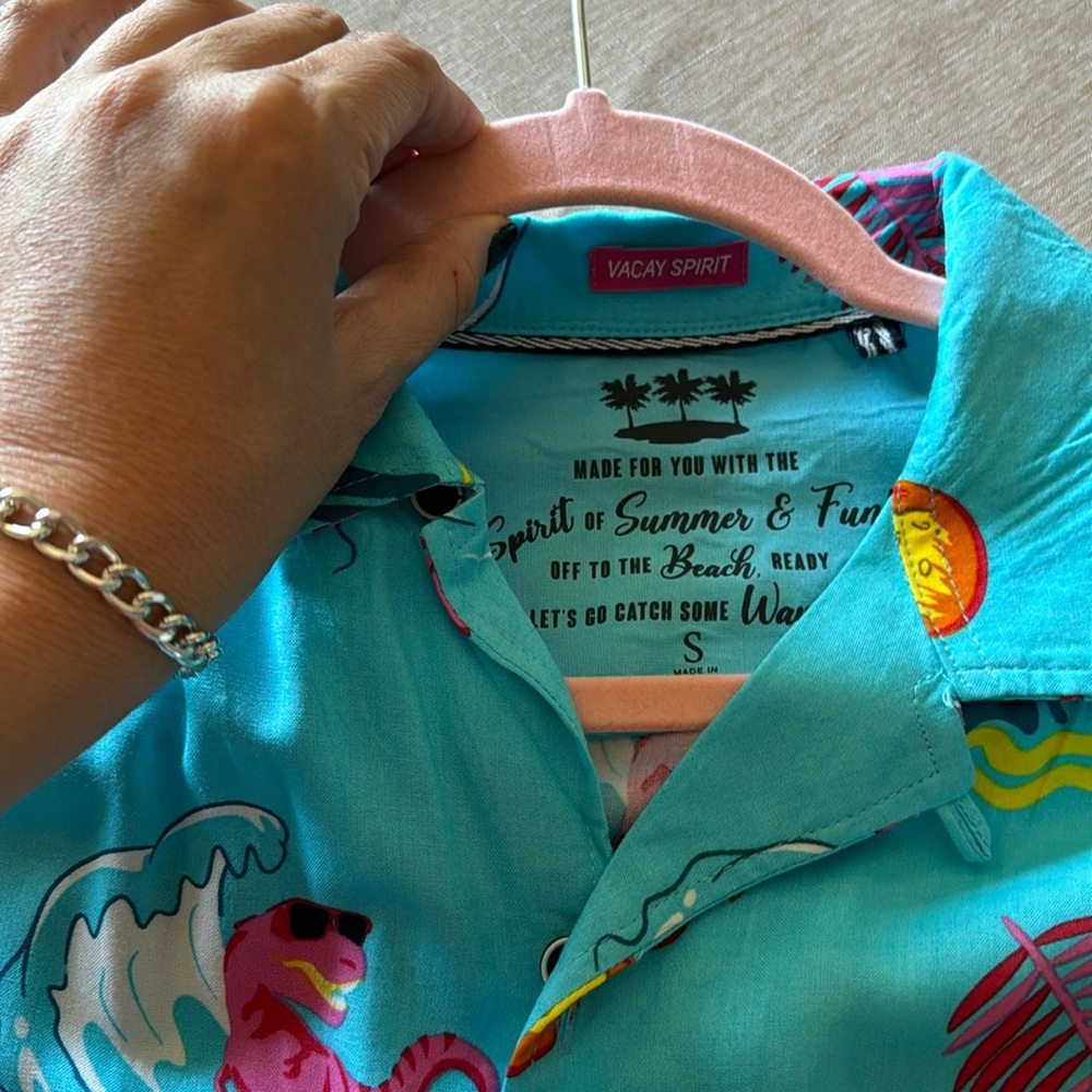 NWOT surfing dinosaur button up shirt